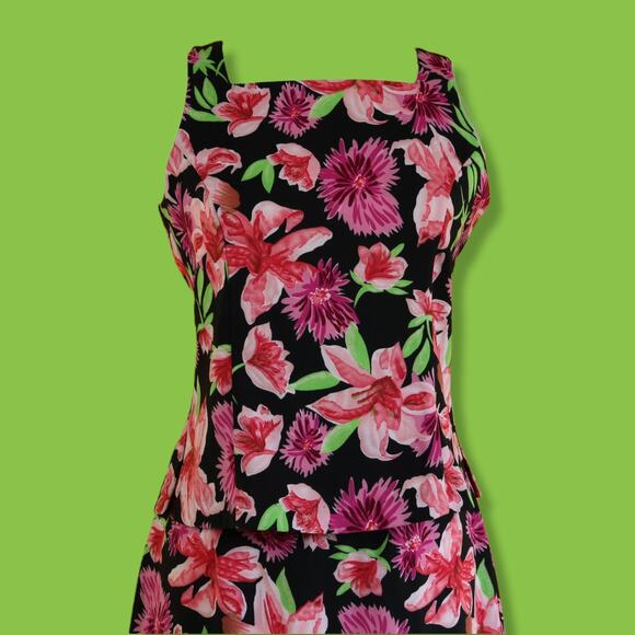 Vintage Fashion Bug Black Pink Purple Green Floral 2 Piece Dress Set, 6 - Picture 7 of 9